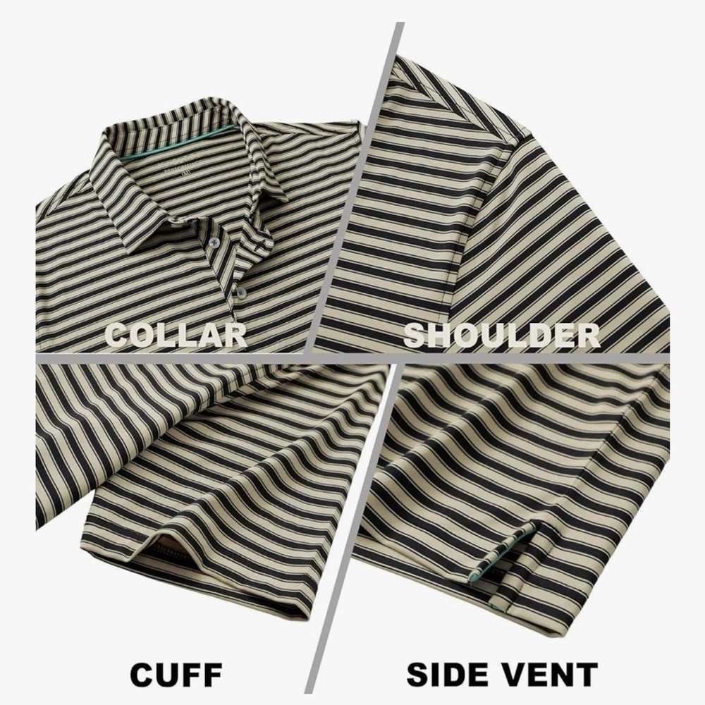 MAELREG Men’s Golf Polo Striped Shirt Short Sleeve Black and Khaki Size Large - Picture 8 of 8